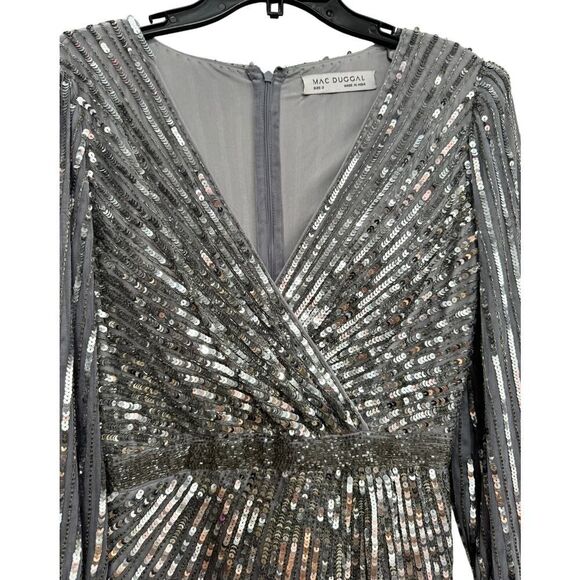 Mac Duggal Silver Sequined Wrap Over Bishop Sleeve Gown - Size 2 - New - Picture 5 of 7